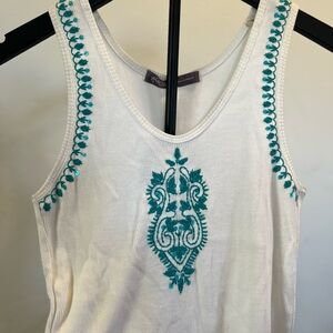 Hale Bob White Tank Top with Teal Embroidery